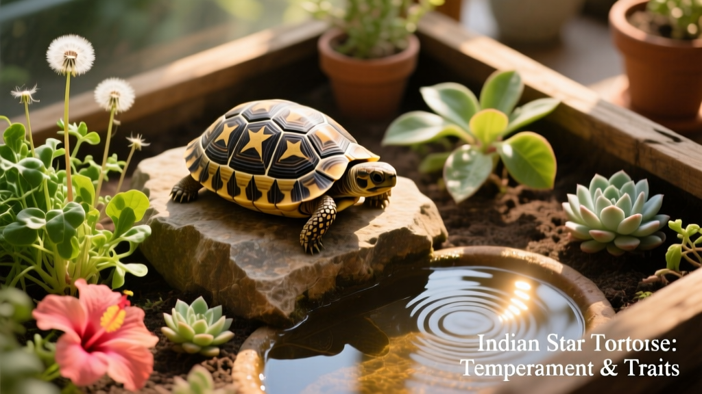 Overhead view of a naturalistic Indian Star Tortoise enclosure with basking rock, shallow water dish, and edible plants