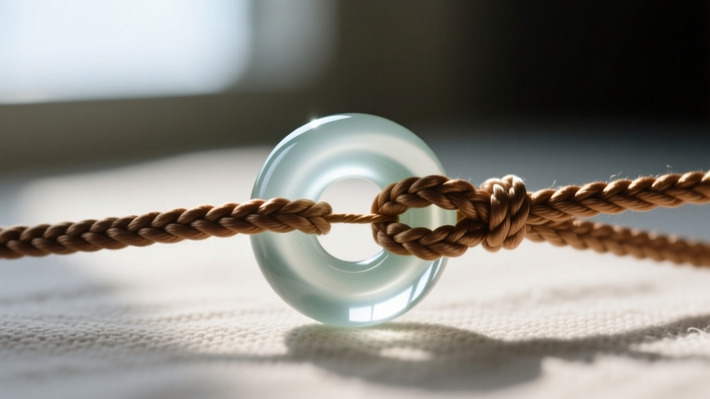 Close-up of a slip knot securing a glass ojime bead on a braided cord, highlighting the loop and tension mechanics.