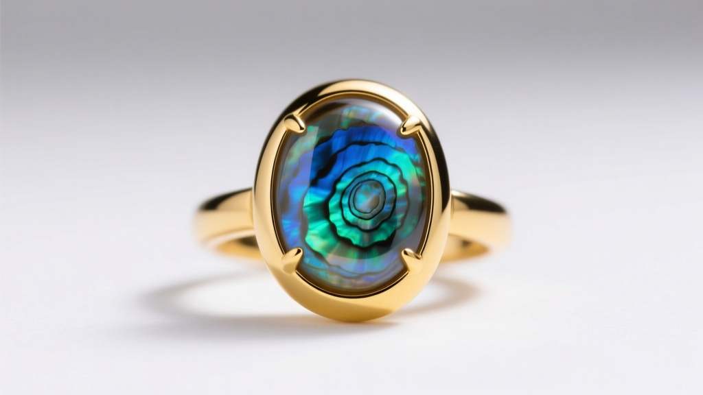 Vibrant blue and green New Zealand Paua abalone cabochon set in a thick yellow gold bezel under soft studio lighting.