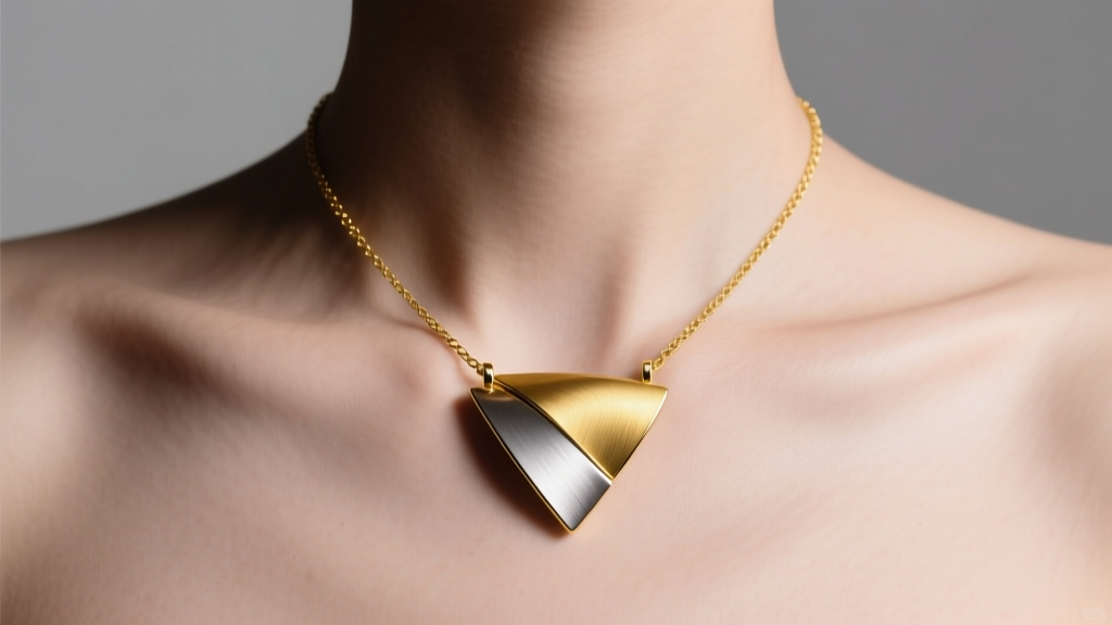 Asymmetrical 18k yellow gold necklace pendant with brushed titanium inlay on a collarbone under soft studio lighting