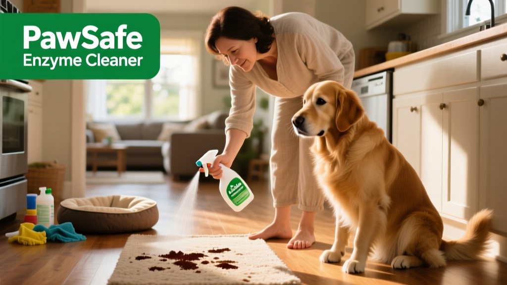 Close-up of a person spraying a carpet stain with a bio-enzymatic cleaner