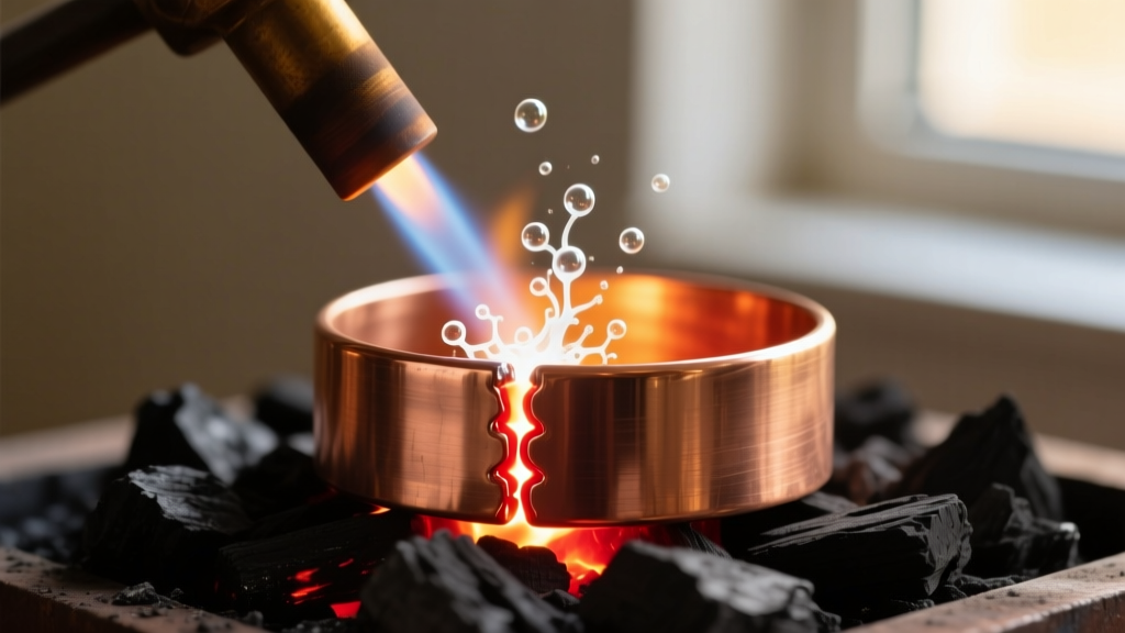 Macro shot of a torch heating a copper bezel on charcoal, showing a glowing red solder seam and bubbling white flux in warm light.