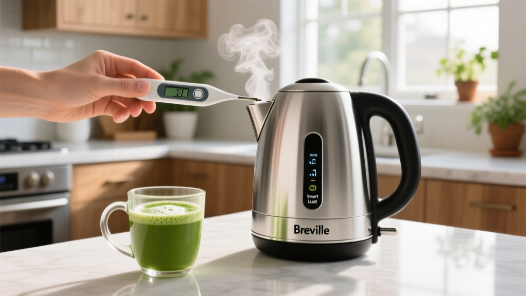 Person using a digital thermometer to verify water temperature from a Breville Smart Kettle Luxe while preparing matcha tea in a glass kitchen mug