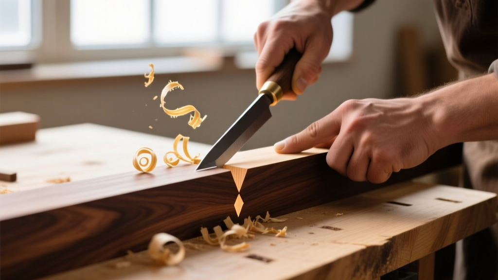 Close-up of a craftsman cutting a precise dovetail joint in rich dark walnut wood on a well-lit workbench with wood shavings