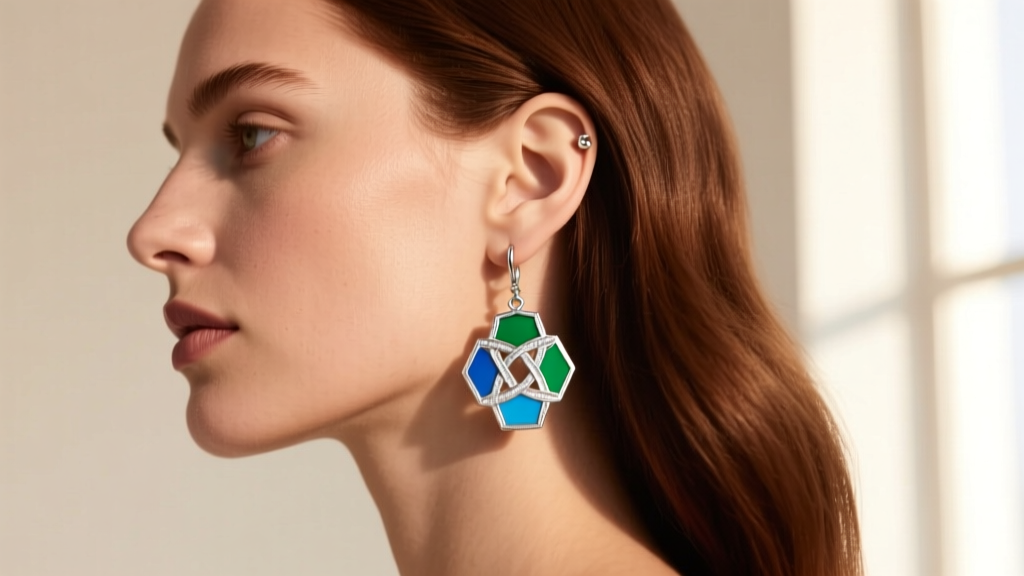 Side profile of a model wearing lightweight Silver Forest geometric enamel drop earrings showing a comfortable 20-gauge fit.