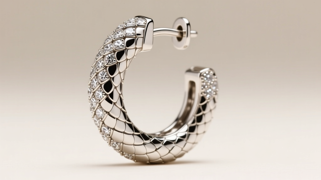 Macro view of Bvlgari Serpenti 18k white gold hoops, showing diamond pavé scales and a secure hinged snap clasp mechanism detail.
