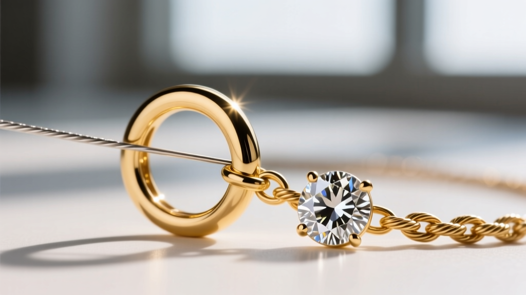 Macro shot of a 16-gauge gold jump ring attaching a round diamond bezel charm to a delicate cable chain link