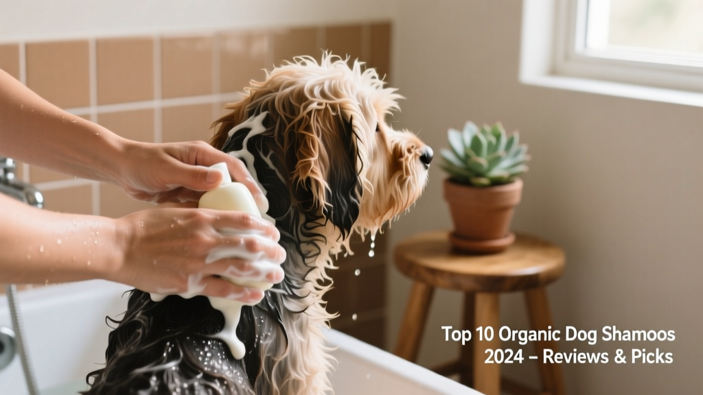 Hands lathering a gentle, creamy shampoo onto a medium-sized dog’s back during bath time