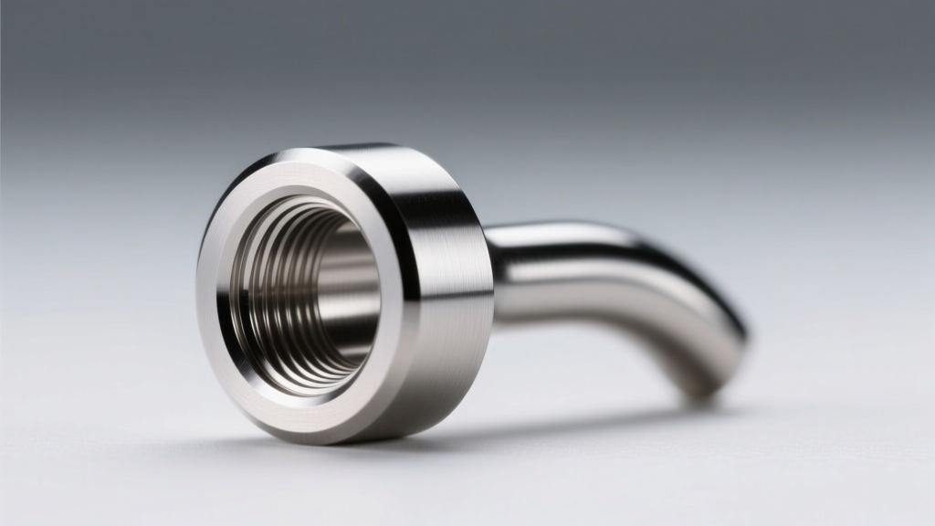 Macro photo of a titanium curved barbell end, highlighting a flawless mirror-polished surface and precise internal threading.