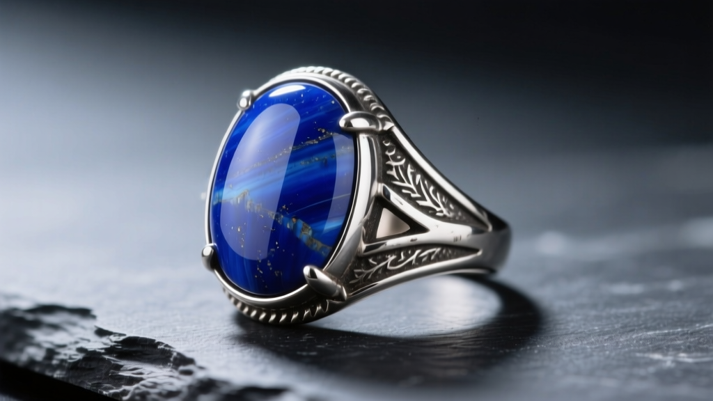 Close-up of polished lapis lazuli cabochon ring set in oxidized sterling silver, resting on dark slate with soft directional light
