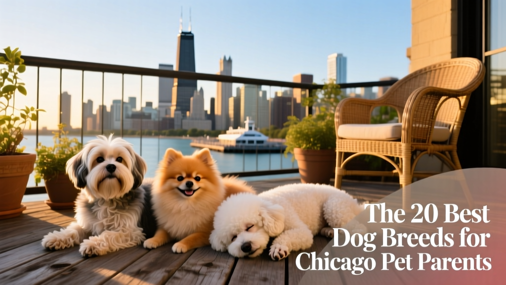 A diverse group of small dogs—a Havanese, a Pomeranian, and a Bichon Frise—relaxing together on a sunny Chicago balcony with city skyline views