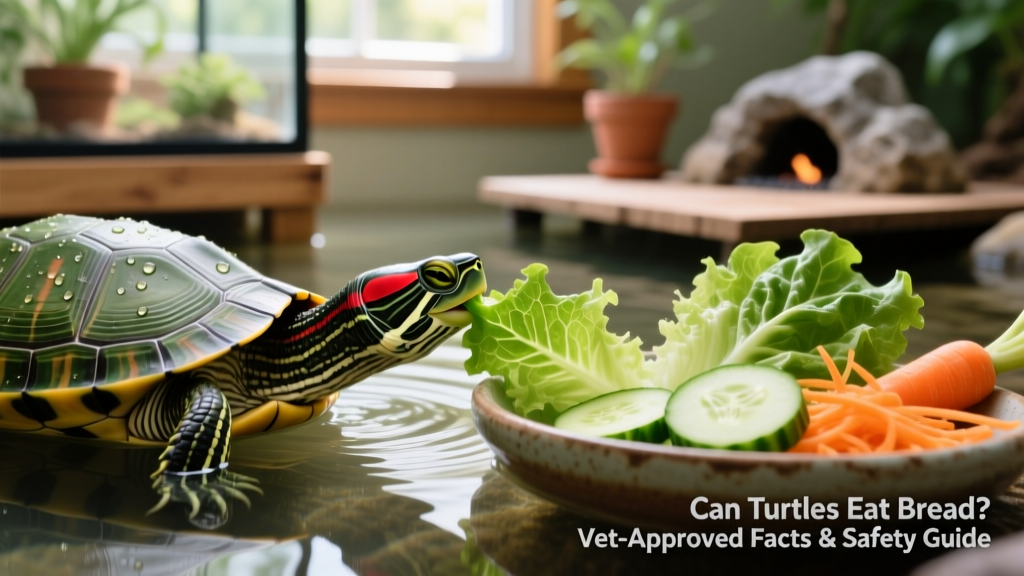 Close-up of a red-eared slider turtle gently exploring a shallow water dish with fresh vegetables nearby