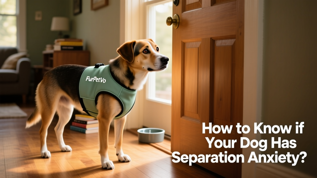Dog looking anxiously toward a closed door while wearing a FurPetVo calming vest