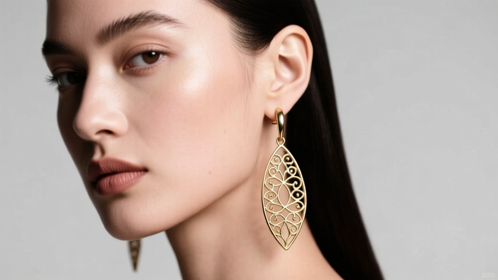 Model wearing long Chrystina dangle earrings, showing lightweight brass base preventing lobe stretching under soft studio lighting