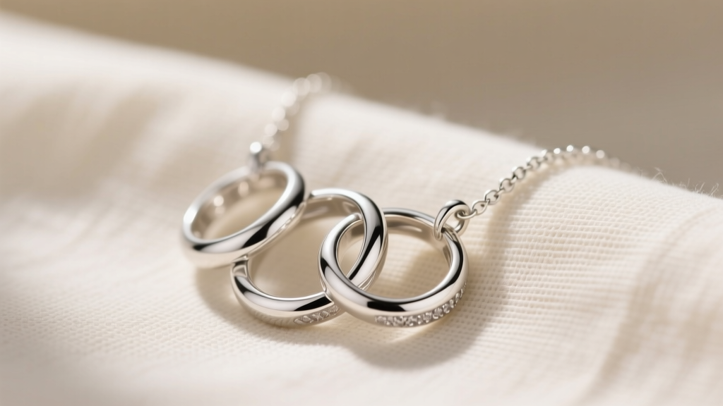 Close-up of a .925 sterling silver mama necklace with three interlocking rings resting on soft cream linen fabric in natural light