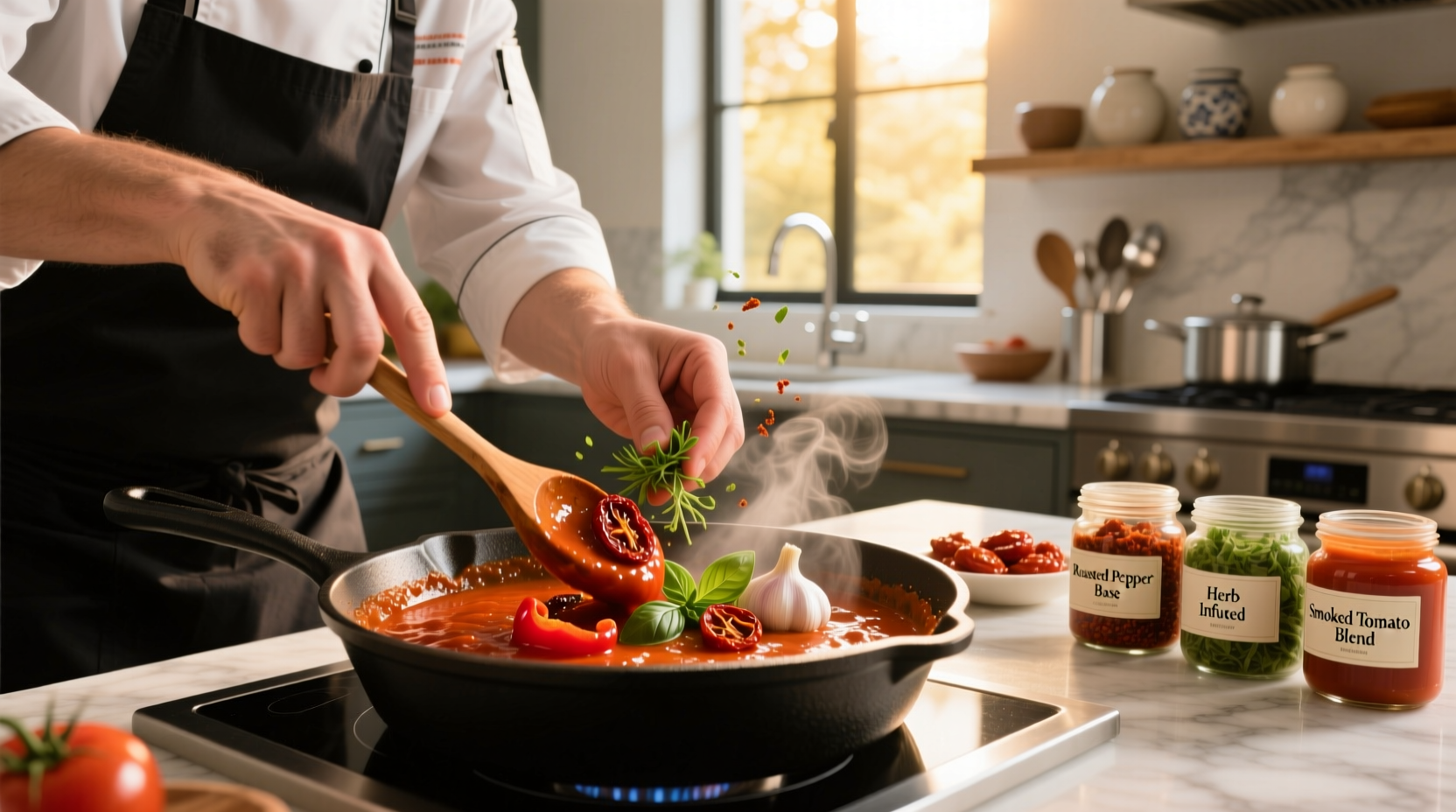 Chef preparing tomato sauce alternatives in kitchen