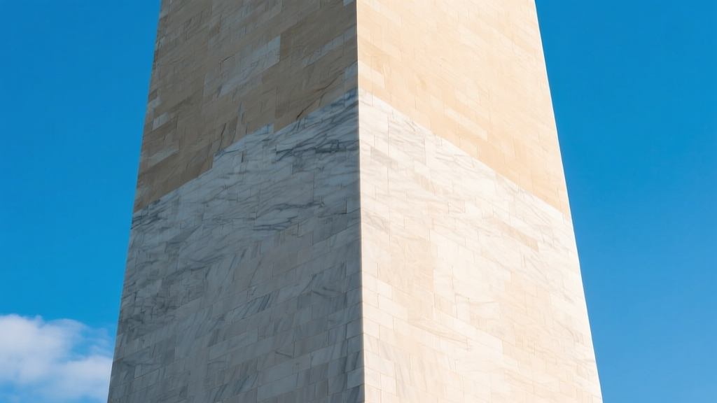 Close-up of Washington Monument masonry showing the color change line between Maryland and Massachusetts marble against a clear sky