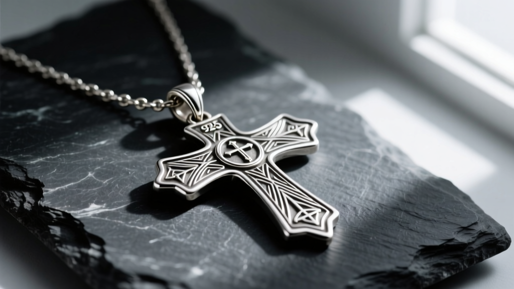 Close-up of a tarnished and polished 925 sterling silver scapular necklace resting on dark slate, highlighting engraving details