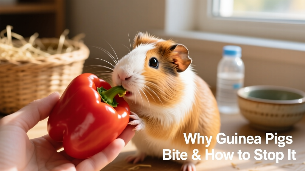 A guinea pig gently nibbling a piece of bell pepper from a hand