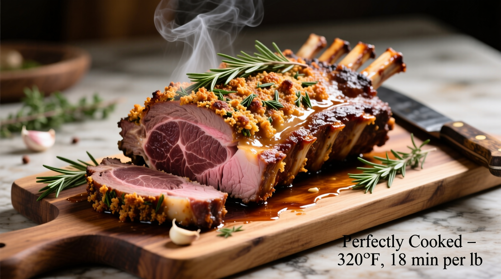 Perfectly cooked standing rib roast with herb crust