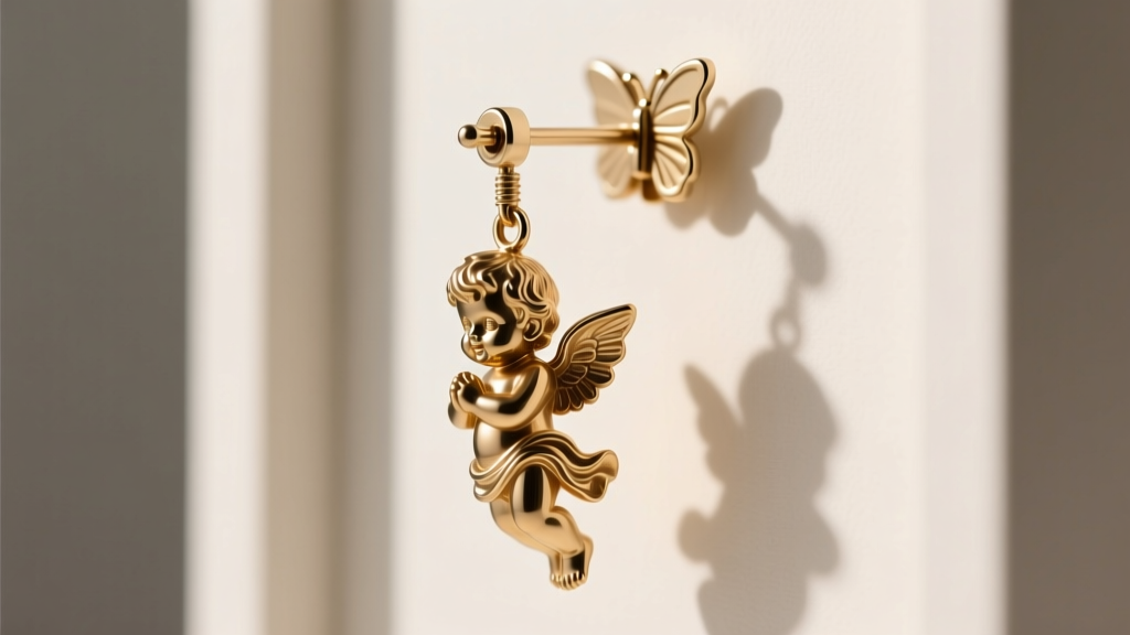 Side profile of a 3D brass cherub drop earring with an 18-gauge steel post, demonstrating weight distribution and butterfly back.