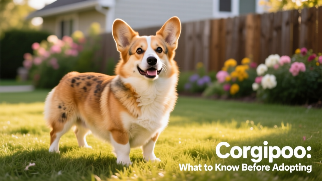 A well-groomed Corgipoo posing confidently on a grassy lawn, showing off its varied coat texture and expressive face