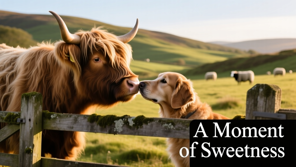 A Highland cow and a dog gently touching noses across a wooden fence