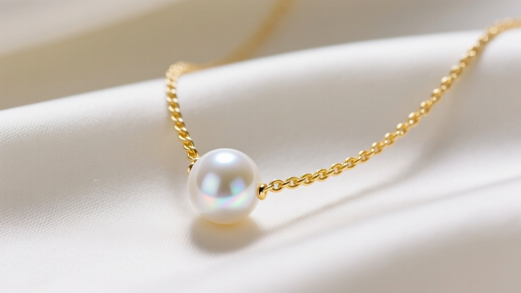 Close-up of a luminous white Akoya pearl necklace pendant resting on a delicate 14k yellow gold cable chain against soft silk