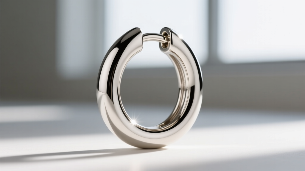 Close-up of an 18k palladium white gold huggie hoop showing a seamless clicker hinge and a high-polish rhodium-free mirror finish.