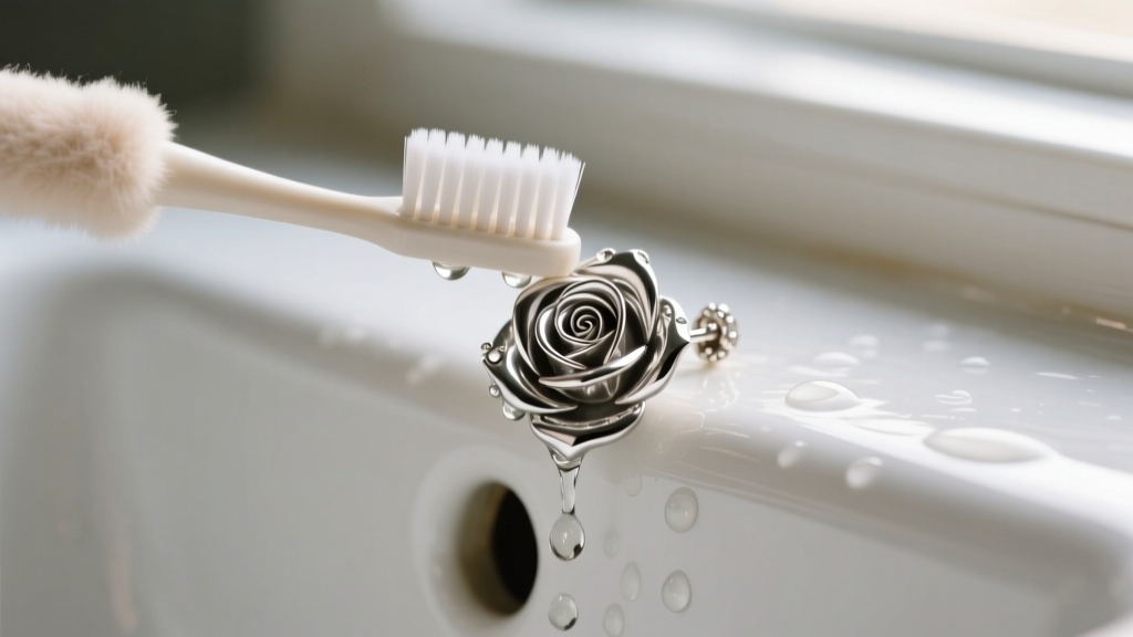 Close-up of a soft toothbrush cleaning crevices of a silver rose earring under warm running water in a white ceramic sink.