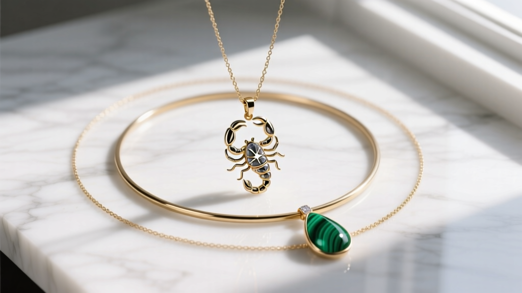 Flat lay of layered necklaces featuring a scorpio constellation pendant, plain gold hoop, and malachite teardrop on white marble.