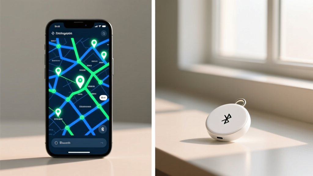 Split-screen showing a smartphone displaying a mesh-network GPS tracking map next to a small white circular Bluetooth tracker tag
