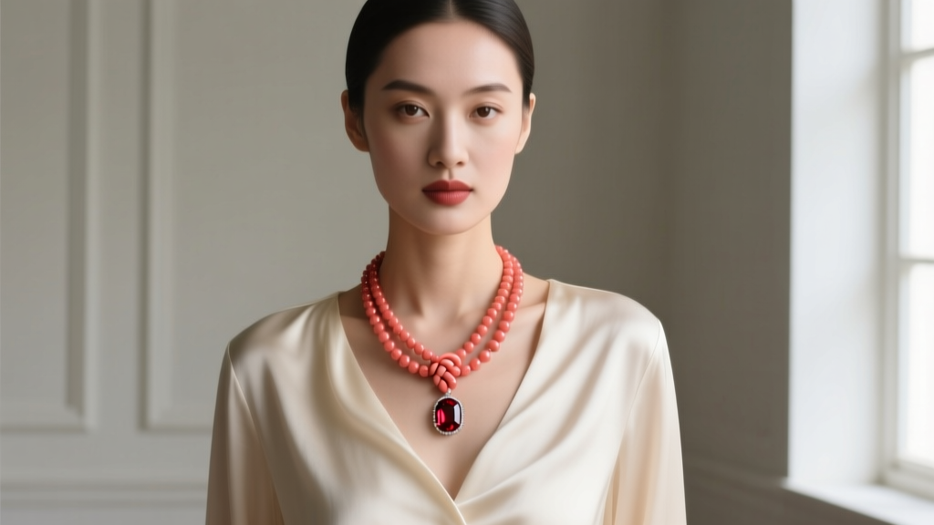 Woman wearing a knotted coral beaded necklace over a cream silk blouse, soft natural window lighting highlighting the red gems