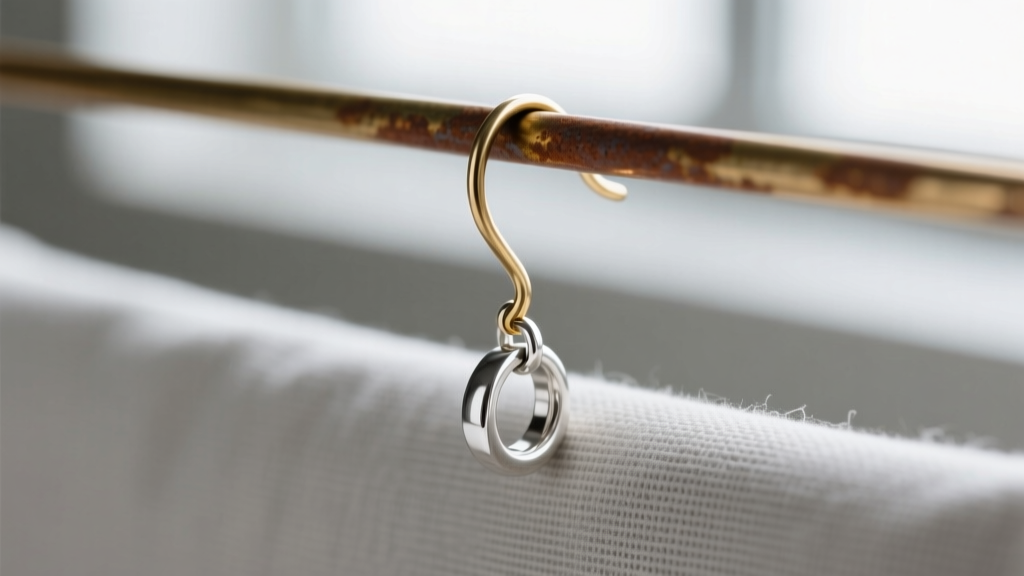Macro close-up of a 20-gauge sterling silver dangle earring post resting on a rust-proof brass hook of a hanging earring holder.