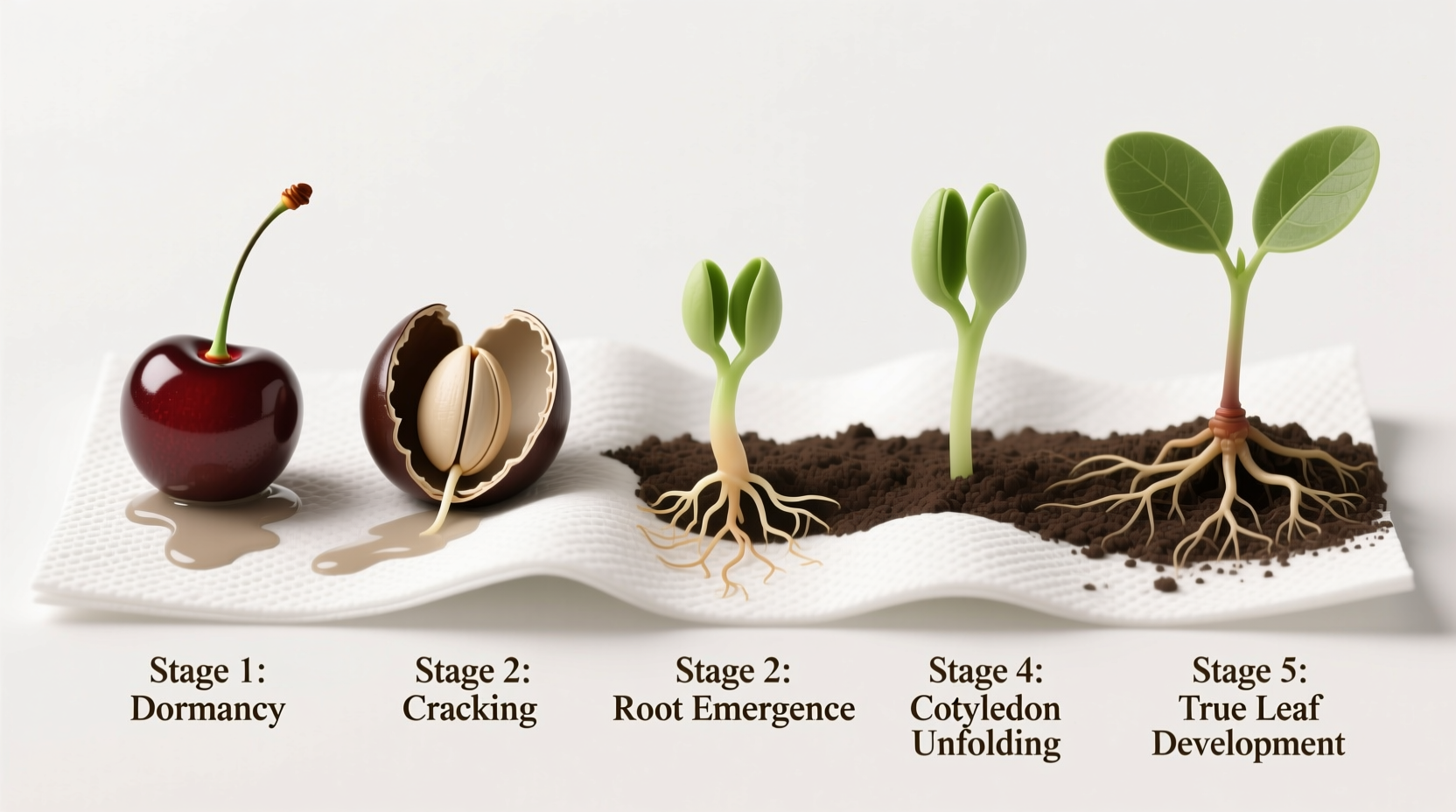 Cherry seed germination stages in paper towel