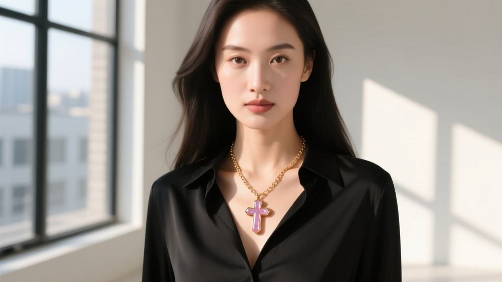 Woman wearing an 18-inch rose gold chain with a rose quartz cross pendant, highlighting the collarbone in daylight.