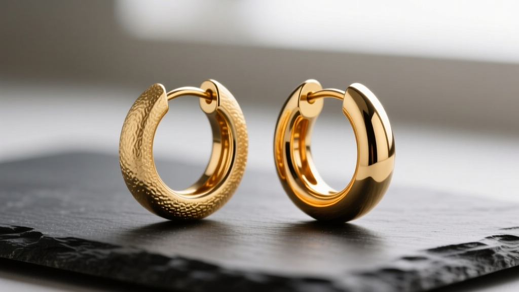 Macro shot of 14k and 18k yellow gold hoop earrings on dark slate, showing subtle warmth and color depth differences in the metal.
