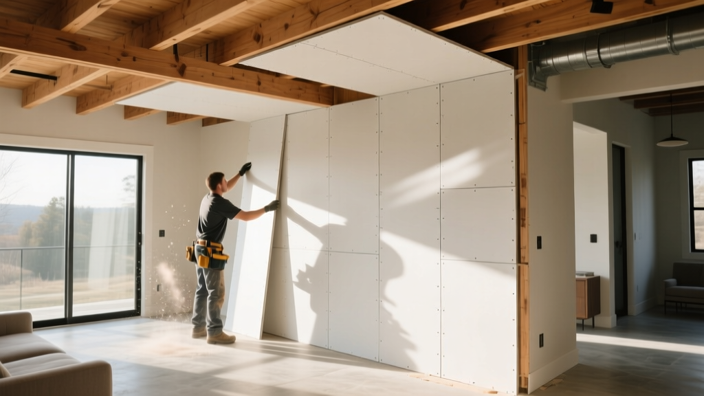 Contractor installing ultralight gypsum board panels on exposed wooden ceiling joists in a modern residential living room renovation.