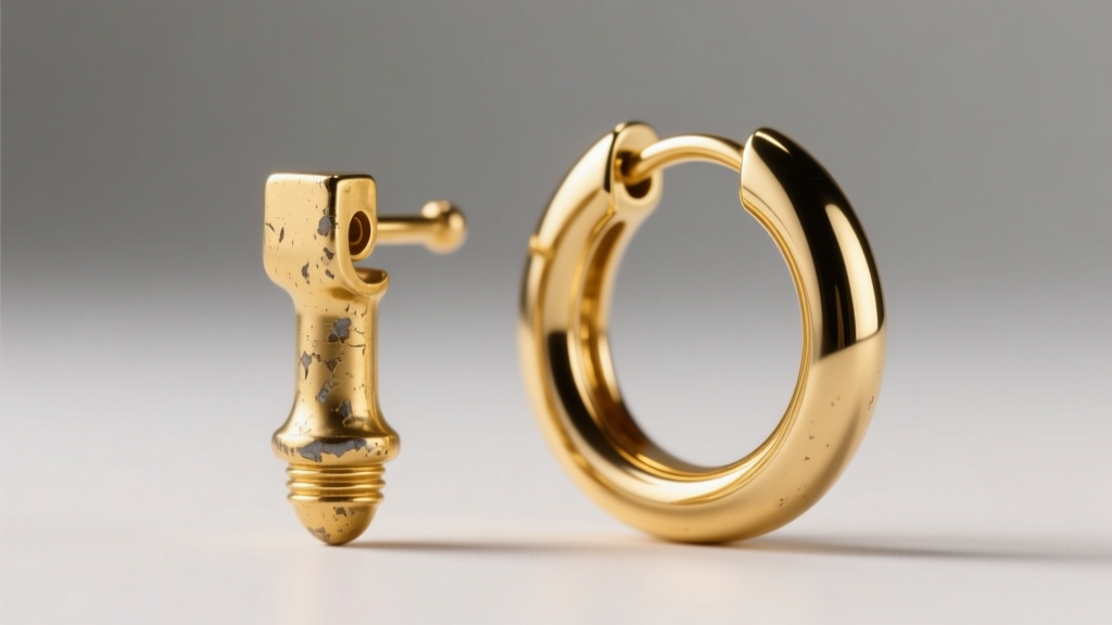 Macro view of a worn gold-plated earring post beside a pristine 14k gold-filled huggie hoop under bright studio light.
