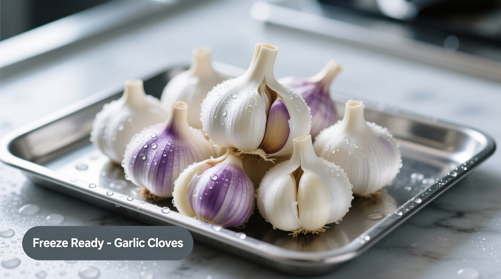 Fresh garlic cloves arranged for freezing preparation