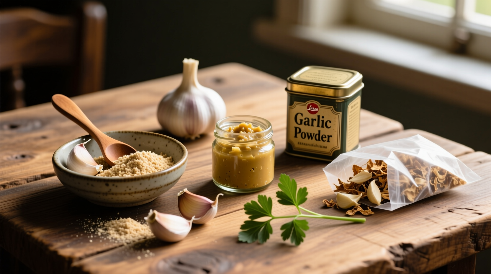 Various garlic substitutes arranged on wooden table