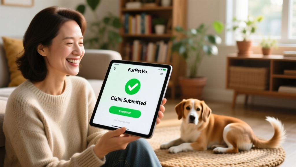 A smiling pet parent holding a tablet showing the FurPetVo app interface with a 'Claim Submitted' confirmation