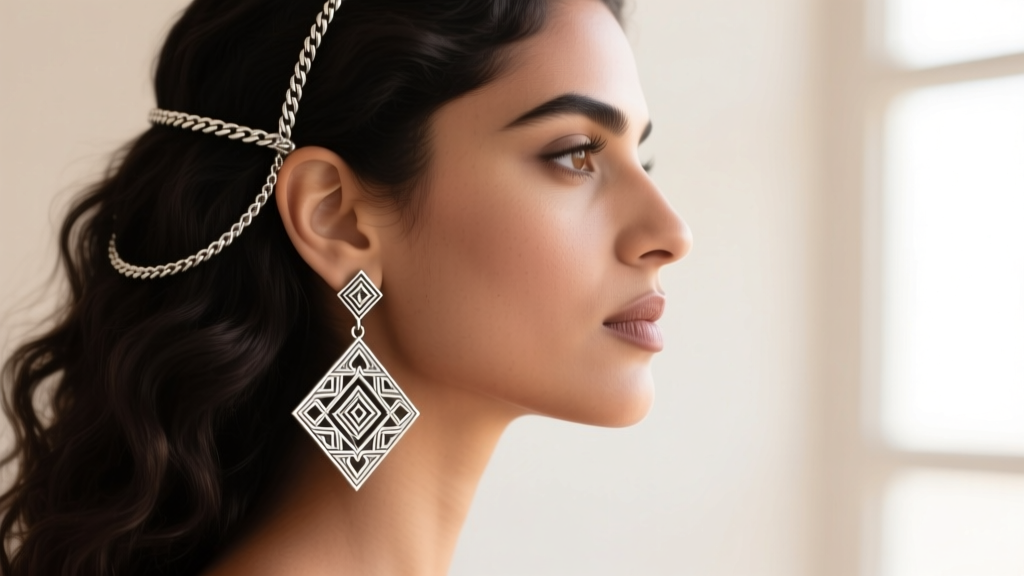 Side profile of a woman wearing heavy Amazigh silver earrings supported by a braided silver chain hooking over the top of her ear.