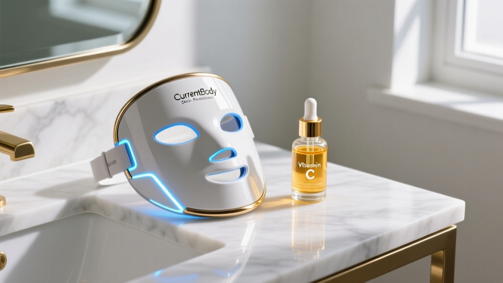 Close-up of the CurrentBody Skin Perfector LED face mask resting on a white marble vanity next to a glass dropper bottle of vitamin C serum