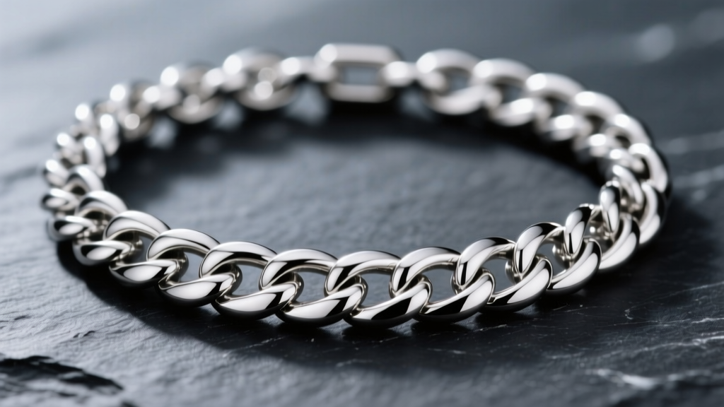 Macro photography of a 12-gauge sterling silver Cuban link choker chain, showing precise interlocking geometry and rhodium plating on dark slate