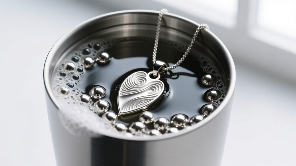 Open rotary tumbler barrel filled with stainless steel shot, soapy water, and a textured fine silver metal clay pendant.