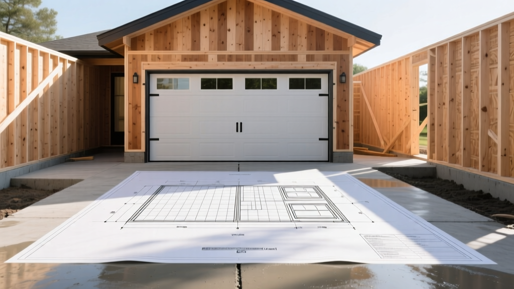 Blueprint of a 24x24 two-car garage overlaid on a freshly poured concrete slab with framed wooden walls rising in the background