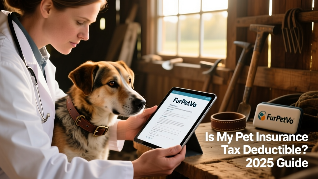 A veterinarian examining a working farm dog while reviewing a FurPetVo policy document on a tablet