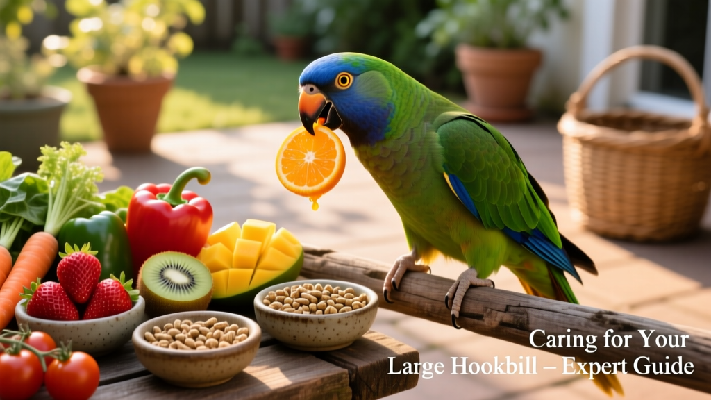A colorful assortment of fresh fruits, vegetables, and pellets arranged in separate bowls beside a large hookbill enjoying a meal