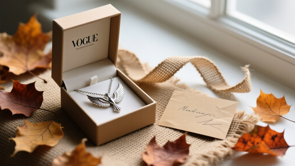 Open gift box with a Mockingjay necklace, surrounded by dried autumn leaves, burlap ribbon, and a handwritten kraft paper card